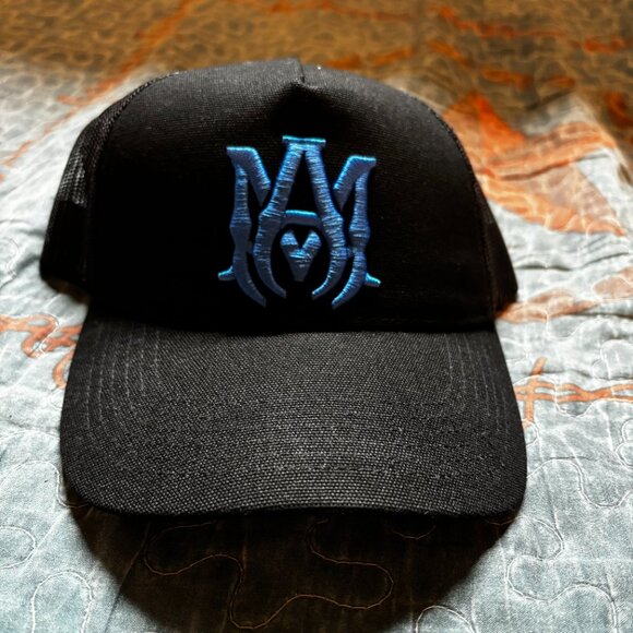 AMIRI BLACK M.A. TRUCKER HAT WITH BLUE LOGO - Picture 2 of 6